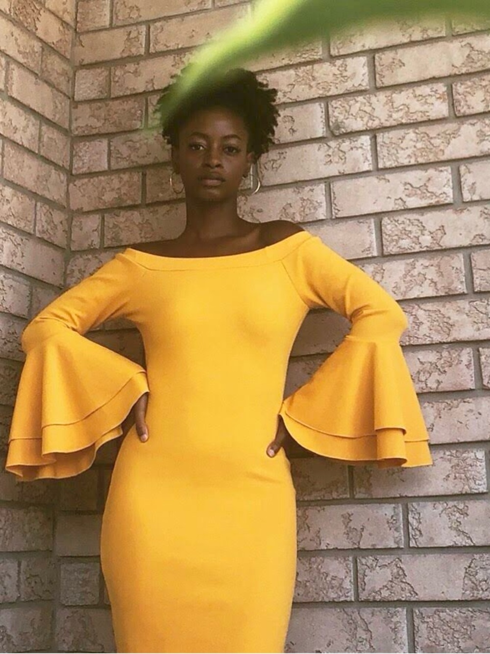 Boohoo Mustard Yellow Off-Shoulder Midi Dress with Layered Bell Sleeves